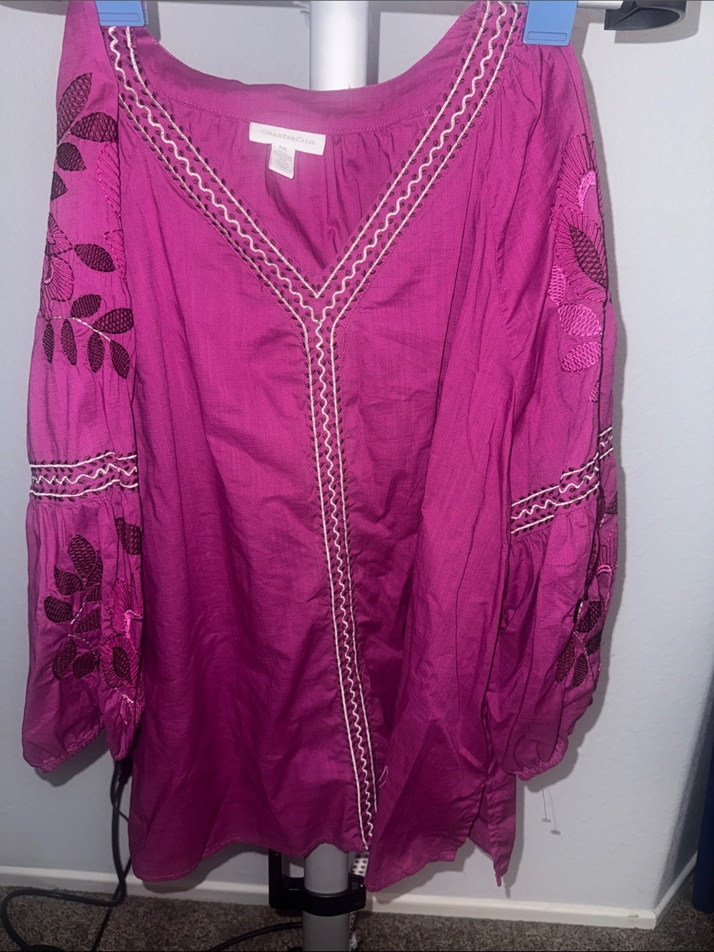 Charter Club Fuchsia Embroidered V-Neck Boho Tunic